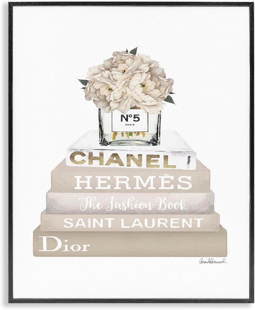 The Stupell Home Décor Collection High Fashion Bookstack with Tan Flowers Framed Giclee Texturized Art, 11 x 14, Multi-Color