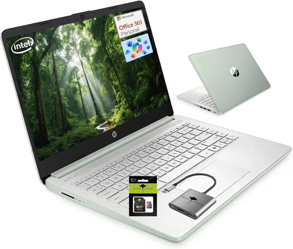 HP 14 Student-Laptop Back to School, Quad-Core Processor (Up to 3.6GHz) 16GB RAM 256GB Storage(128GB UFS + 128GB SD Card) Laptops for Student with 1-Year Office 365 Copilot AI Win11, Willow Green