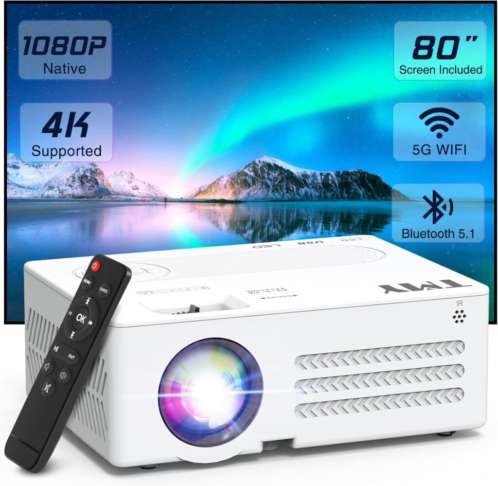 TMY Projector with WiFi and Bluetooth【80″ screen included】Native 1080P Outdoor Projector, 4K Supported Portable Projector, Compatible with iOS/Android/PC/TV Stick/HDMI/USB, Indoor Outdoor Use