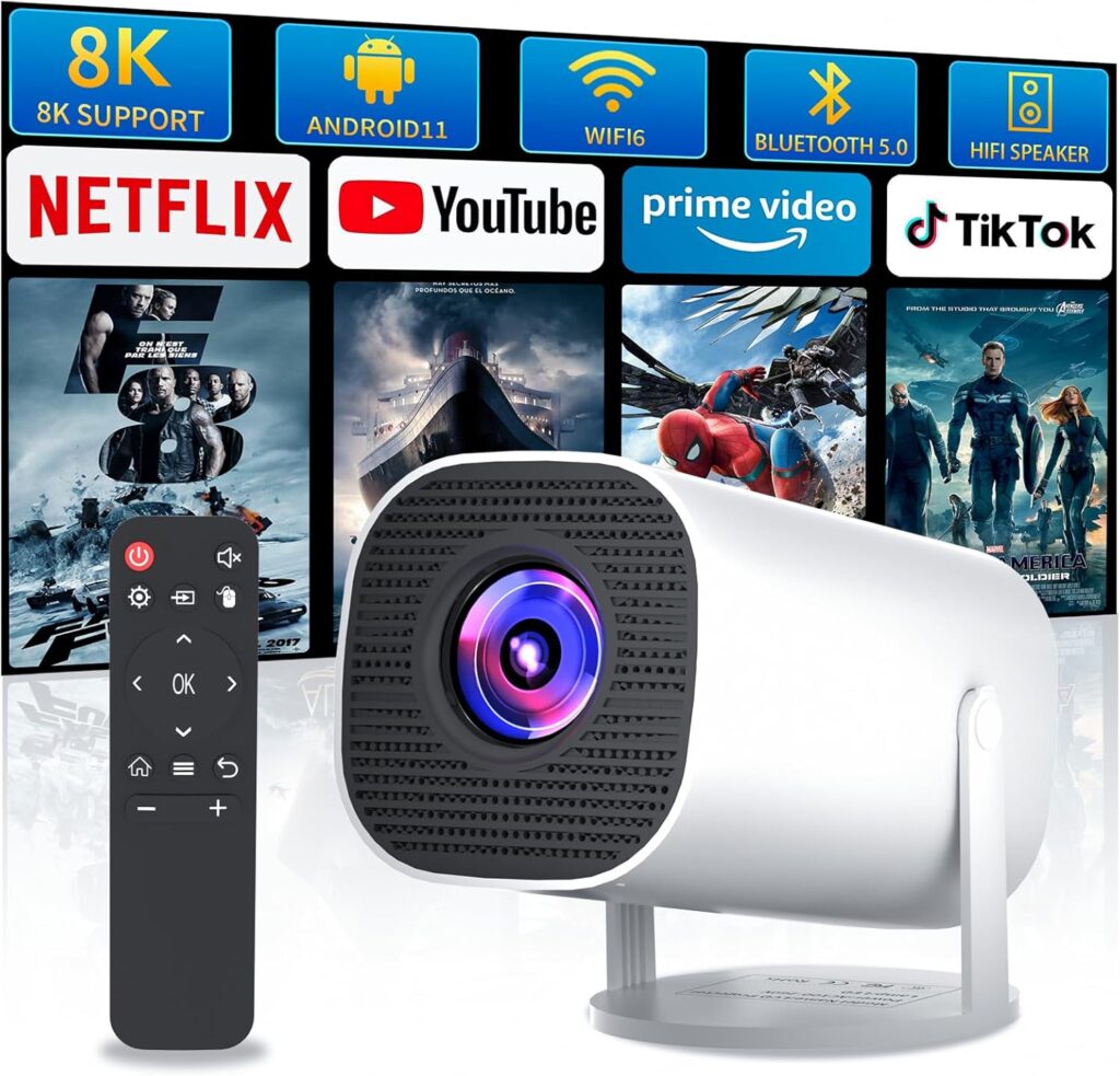 Mini Projector with WiFi and Bluetooth, Portable Outdoor Movie Projector Supports 4K/8K with Android System, Smart Proyector for Home Theater, Business Presentation, Gmaing