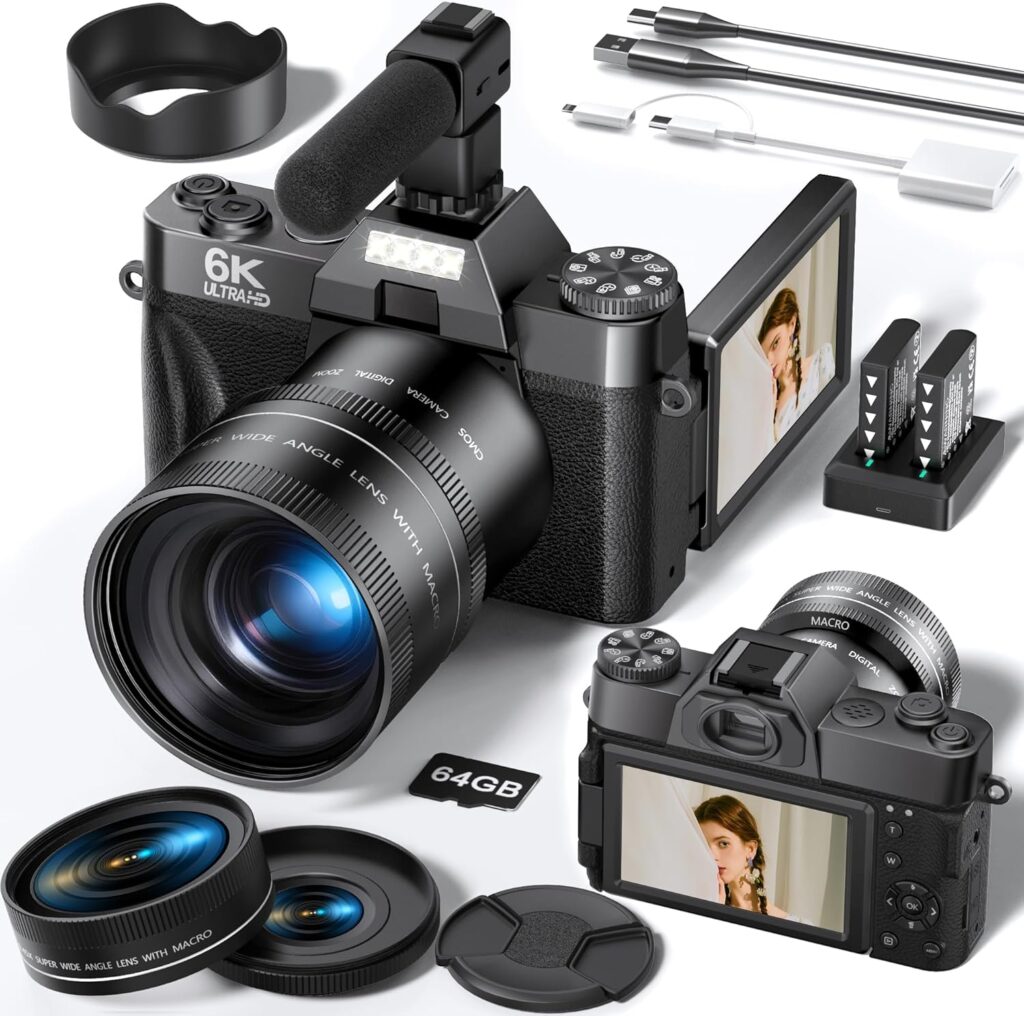 FLATIC Cameras for Photography, 6K 64MP Digital Camera with WiFi & Microphone for Youtuber, 16X Zoom Vlogging Camera with 180°Flip Screen, 64GB Card, 2 Batteries, Macro & Wide-Angle Lens, Card Reader