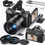 FLATIC Cameras for Photography, 6K 64MP Digital Camera with WiFi & Microphone for Youtuber, 16X Zoom Vlogging Camera with 180°Flip Screen, 64GB Card, 2 Batteries, Macro & Wide-Angle Lens, Card Reader
