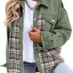 SHEWIN Womens Oversized Denim Jacket Casual Long Sleeve Button Down Plaid Shacket Boyfriend Jean Jacket With Pockets