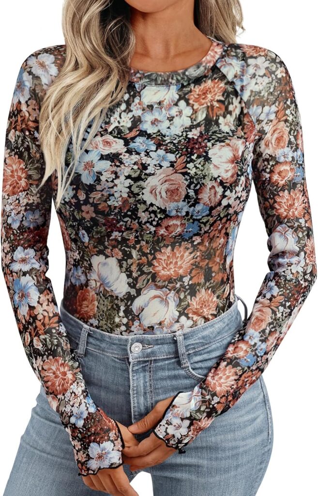 Dealmore Womens Mesh Sheer Lace Going Out Slim Fitted See Through Tops Fall Fashion Outfits Clothes 2025