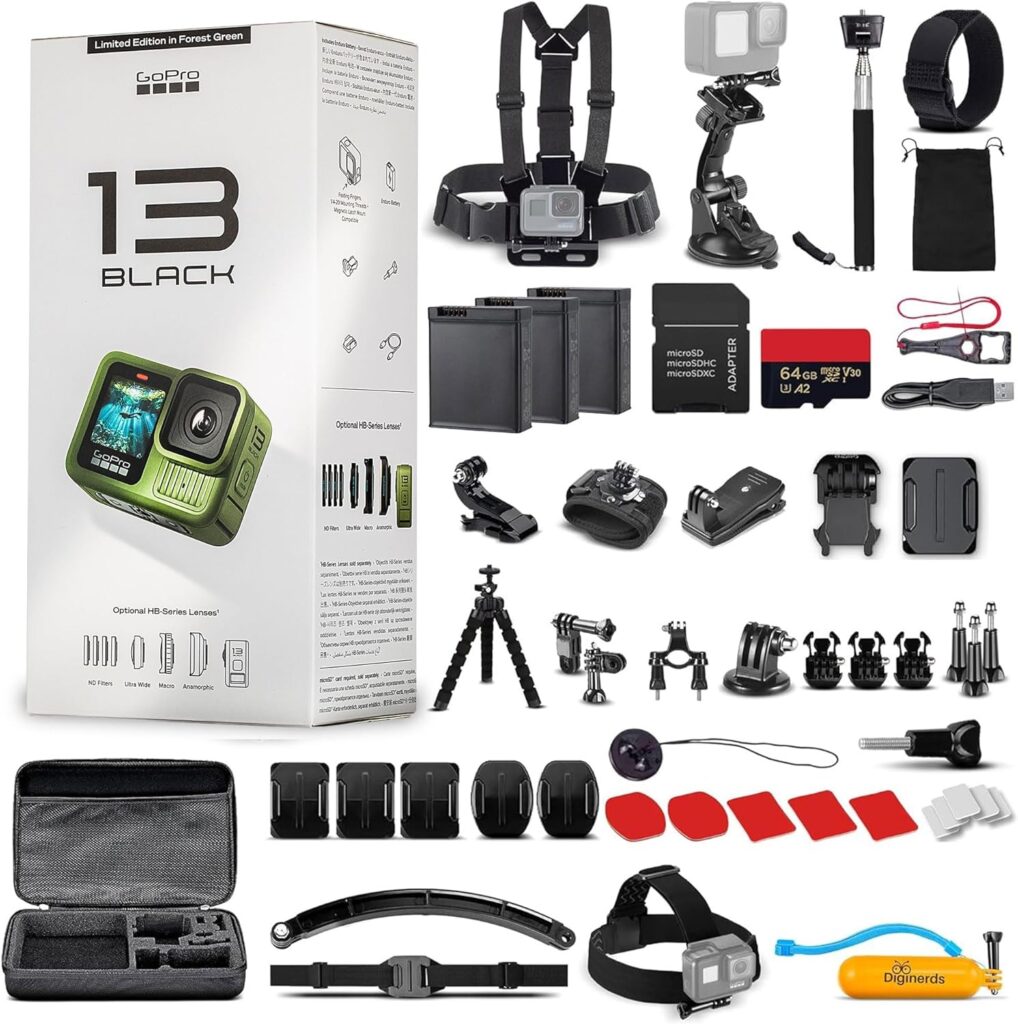 GoPro HERO13 (Hero 13) in Forest Green – with 50 Piece Accessory Kit and 2 Extra Batteries + 64GB Card – Waterproof Action Camera – 5.3K HDR, 27MP Photos, 1/1.9″ Sensor, Live Streaming, Webcam