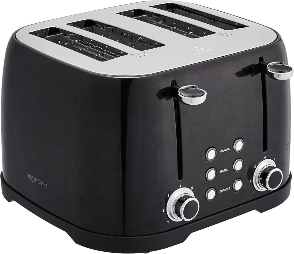 Amazon Basics 4 Slice Toaster, 6 Browning Settings, Removable Crumb Tray, Bagel and Defrost Function, Cancel Button, 1600W, Black