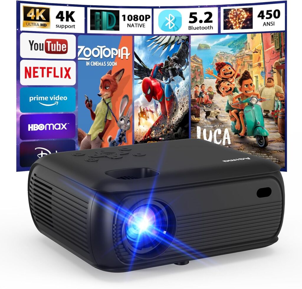 [Built-in Apps/Smart OS] 4K Projector with WiFi and Bluetooth 1080P Native 4K Support premium speakers Smart Android TV OS Projector, WiFi 6, Bluetooth 5.2 & Auto Keystone Projecto, Black