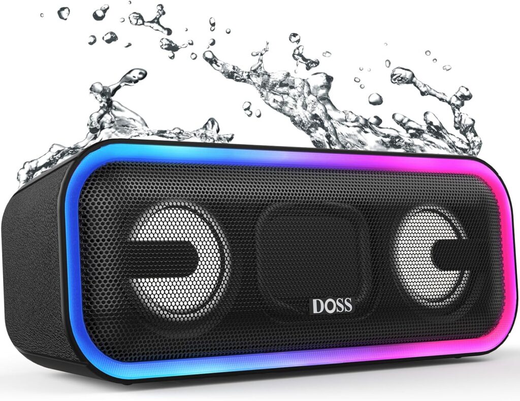 DOSS SoundBox Pro+ Bluetooth Speaker with 24W Impressive Sound, Extra Bass, IPX6 Waterproof, 15H Playtime, Wireless Stereo Pairing, Multi-Colors Light, Portable for Outdoor, Home, Party, Beach