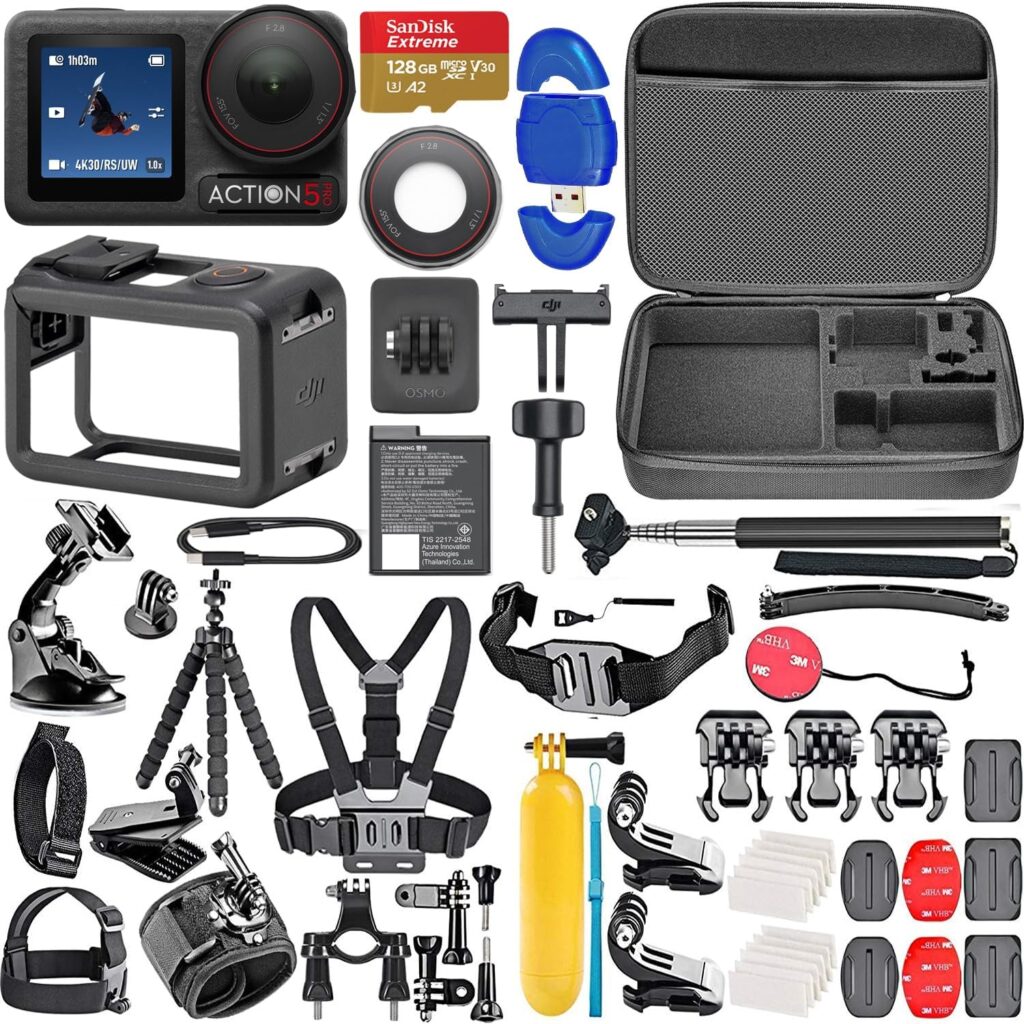 DJI Osmo Action 5 Pro Standard Combo, Waterproof Action Camera with 4K/120fps Video, 40MP, Stabilization, + 128GB Memory Card, High Speed Card Reader + 50 Piece Accessory Kit