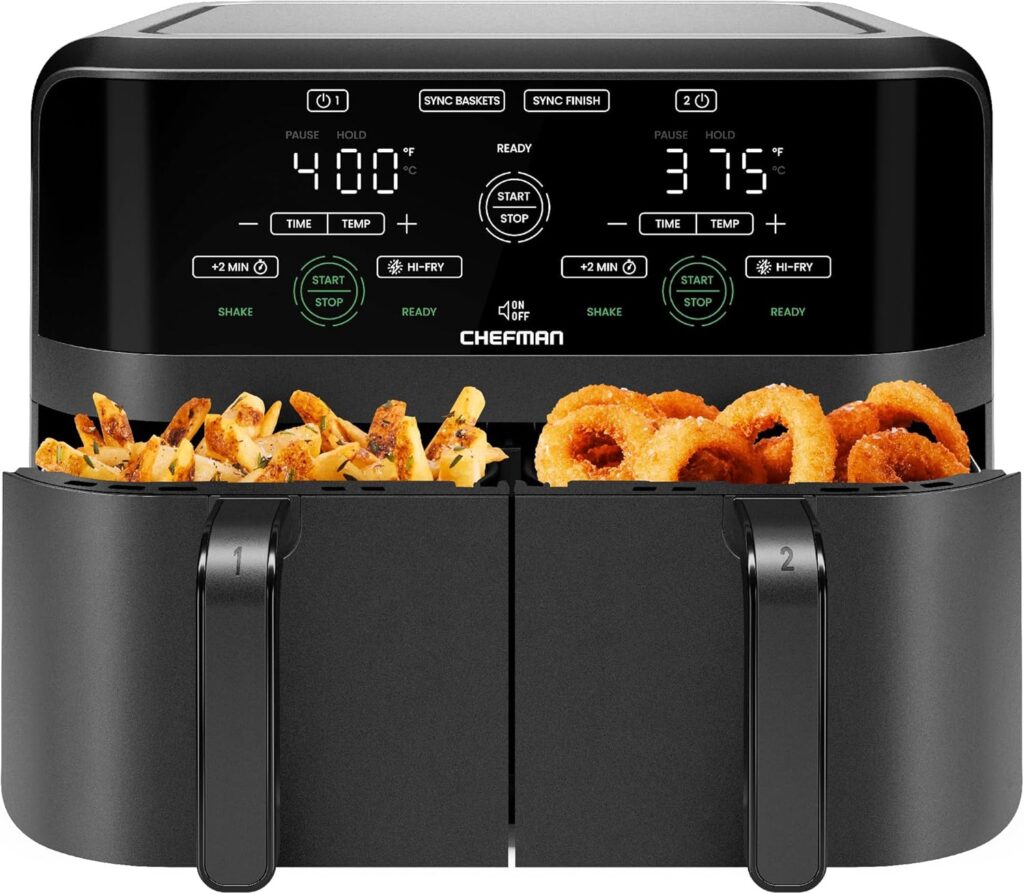 Chefman 6 Quart Dual Basket Air Fryer – Digital Touchscreen, Smart Sync Finish, Hi-Fry, Auto Shutoff, 2 Independent 3QT Nonstick Dishwasher-Safe Frying Baskets – Digital Double Air Fryer – Black