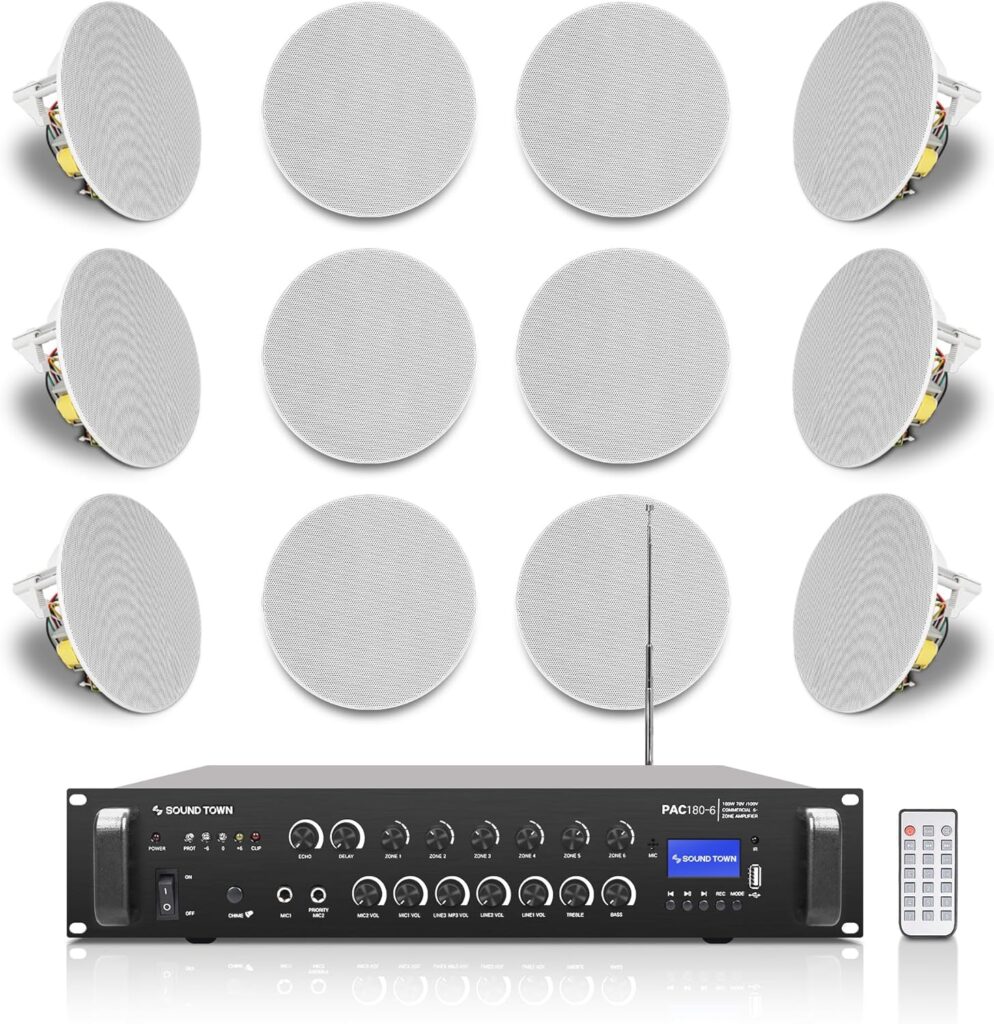 Sound Town Commercial Restaurant Bluetooth Amplifier + in-Ceiling Speaker Set, with One 6-Zone 70V/100V Amplifier with Bluetooth, 12 x Two-Way 6.5-Inch in-Ceiling Speakers, White (PAC180X12CS6N)