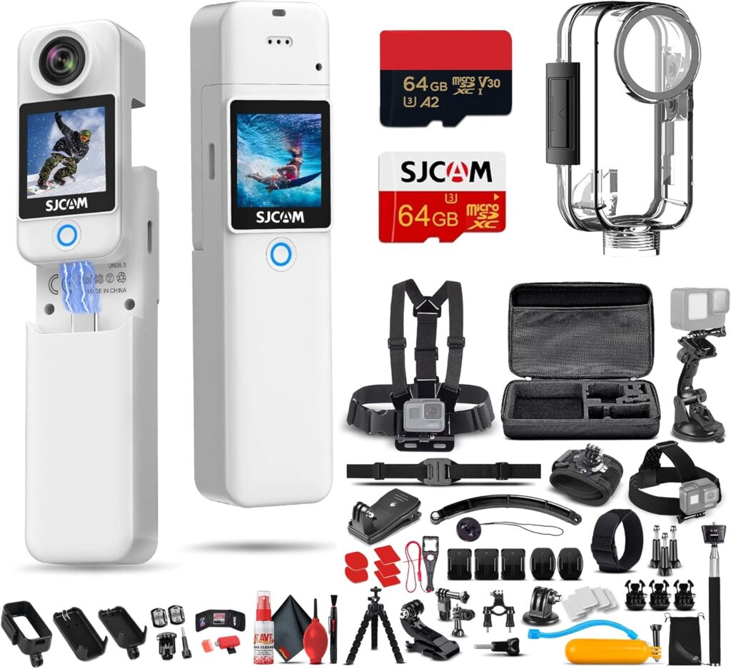 SJCAM C300 4K Dual Touchscreen Action Camera | Ultra HD Compact Vlogging Cam with Front and Rear Screens | Waterproof Mini Camera (C300W) Bundle Including: 50-in-1 Action Kit, 64GB Memory Card, More