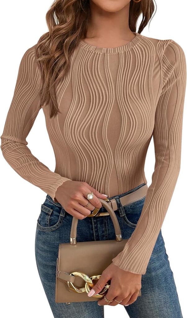 PRETTYGARDEN Women’s Tops 2025 Fall Fashion Long Sleeve Crewneck Blouse Slim Fit Textured Basic Knit T Shirt Y2k Clothes