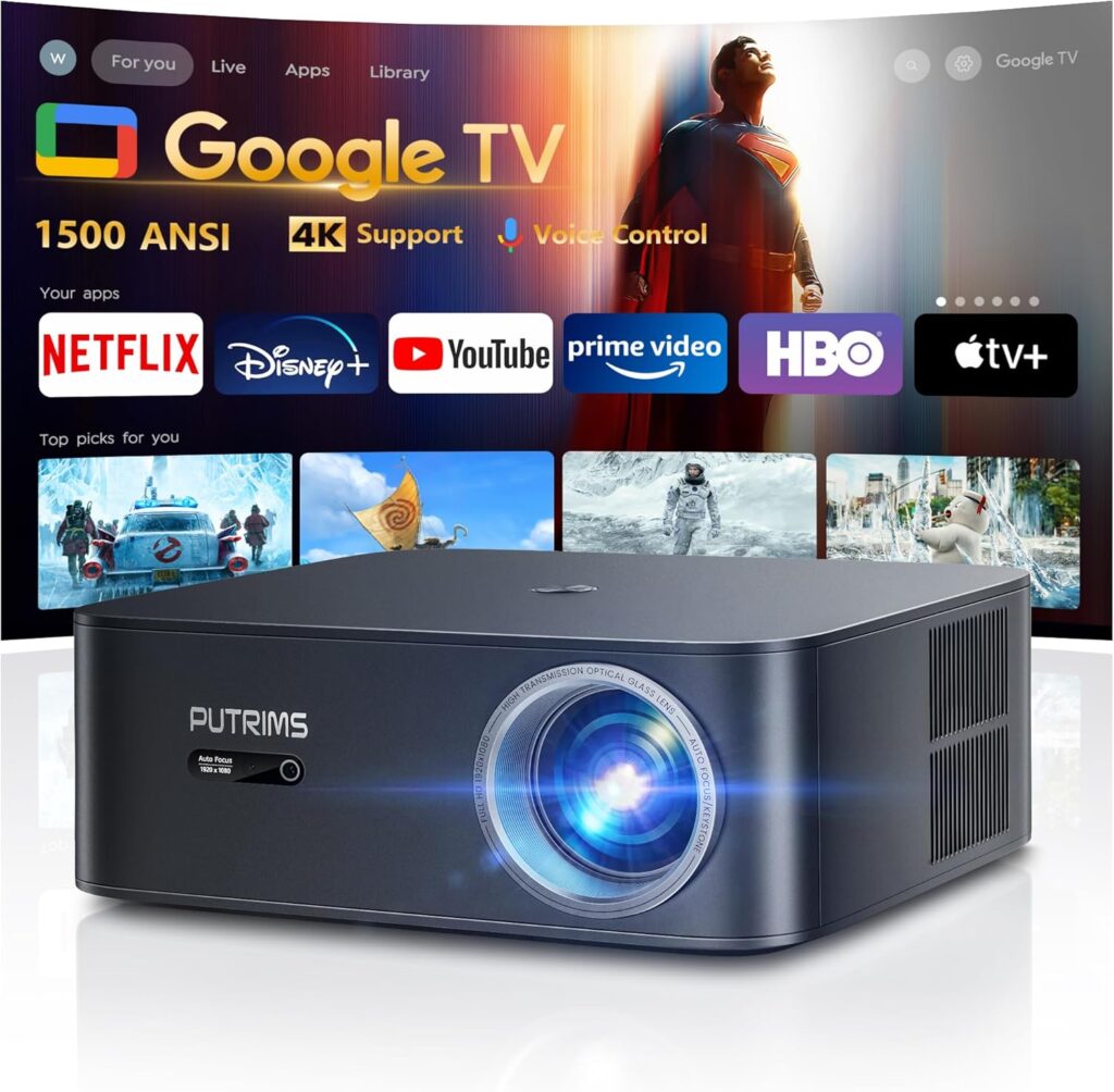 [1500 ANSI/Google TV/Voice Control]Smart Projector with WiFi 6 and Bluetooth, Netflix-Licensed 4K Support, Outdoor Movie Proyector, 1080P Home Ceiling Auto Focus Projector, PUTRIMS K12 Gray