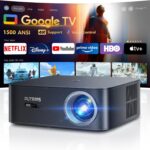 [1500 ANSI/Google TV/Voice Control]Smart Projector with WiFi 6 and Bluetooth, Netflix-Licensed 4K Support, Outdoor Movie Proyector, 1080P Home Ceiling Auto Focus Projector, PUTRIMS K12 Gray