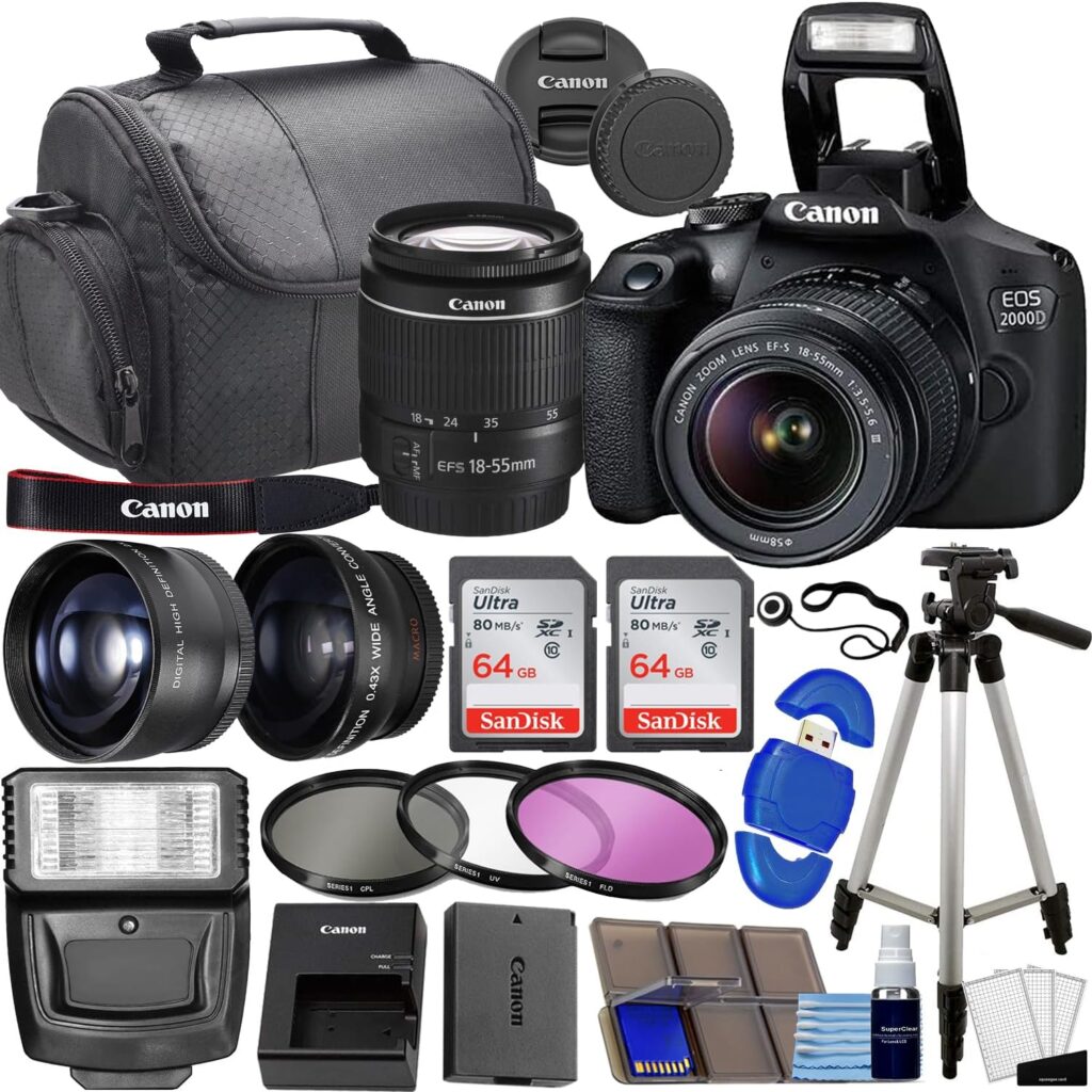 Canon EOS 2000D / Rebel T7 DSLR Camera w/EF-S 18-55mm f/3.5-5.6 Lens 3 Lens Kit: 128GB Memory + Wide Angle + Telephoto + Flash (Renewed)