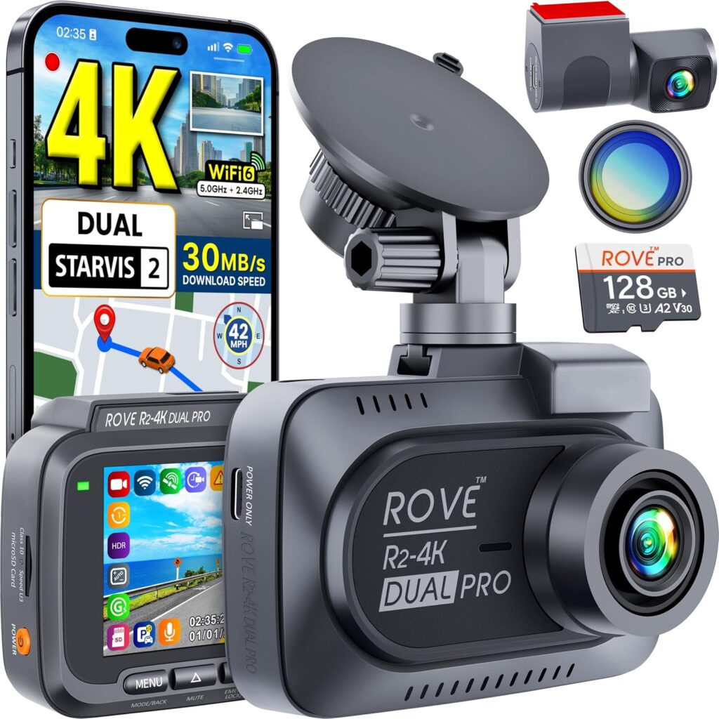 ROVE R2-4K Dual PRO Dash Cam Front and Rear, True 4K+2K Dash Camera for Cars, STARVIS 2 IMX678 + IMX675 Sensors, Free 128GB Card + CPL, WiFi 6 – up to 30MB/s Download Speed, 3″ IPS, 24Hr Parking Mode