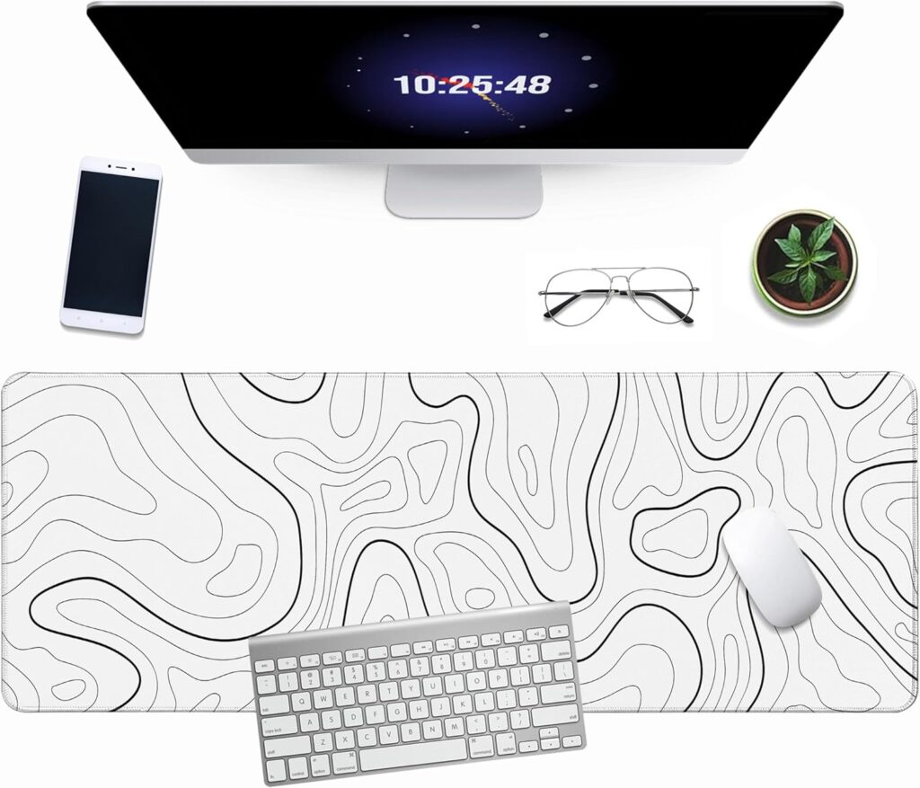 White Minimalist Topographic Map Mouse Pad – Contour Extended Large Stitch Edge Mousepad Black & White Non-Slip Gaming Desk Mat 31.5×11.8inch