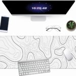 White Minimalist Topographic Map Mouse Pad – Contour Extended Large Stitch Edge Mousepad Black & White Non-Slip Gaming Desk Mat 31.5×11.8inch