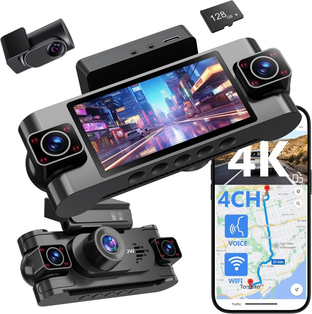 4 Channel Dash Cam 360° View,4K Front Rear Inside Dashcam,Left Right Dash Camera for Cars,Built-in GPS, 5G WiFi,Voice Control,Night Vision, 24/7 Recording Parking Mode Monitor, Free 128G Card