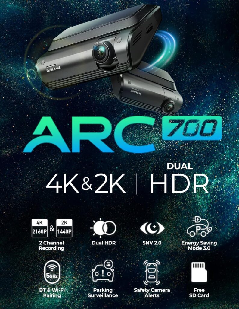 THINKWARE ARC 700 4K Front and 2K Rear Dash Cam – Wi-Fi, GPS, HDR, Parking Mode, Radar Compatible, Speed/Red Light Alerts, Included 64GB MicroSD, Hardwiring Cable