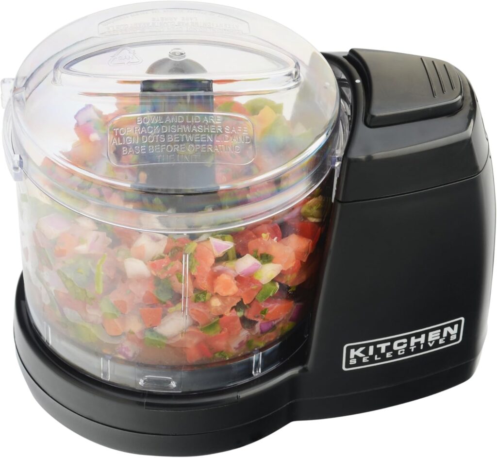 Kitchen Selectives Mini Chopper by Select Brands – Mini Electric Food Chopper for Kitchen Appliances – Features Dishwasher-Safe Parts – Chops, Minces & Dices – 1-1/2 Cups, Black