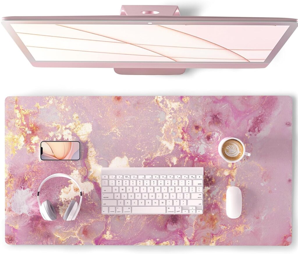QIYI Large Mouse Pad, Cute Pink Desk Mat for Desktop, Women Girls PU Leather Desk Pad Waterproof Gaming Mousepad, Rose Gold Marble Computer Protector Writing Pad for School Office Home 31.5″ x 15.7″