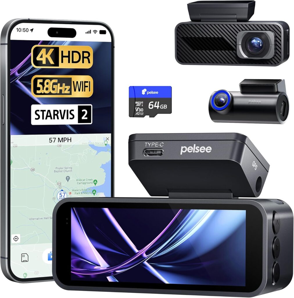 Pelsee P1 Pro Dash Cam Front and Rear, STARVIS 2 Sensor, 4K Dual Dash Camera for Cars with Full-Color Night Vision, HDR WDR, ADAS, GPS, WiFi & Voice Control, 24H Parking Mode, 3.39″ Screen, 64GB Card