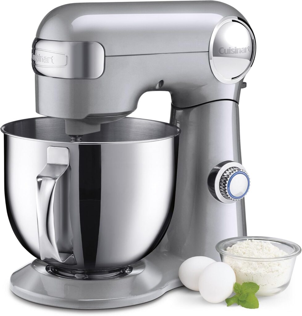 Cuisinart Stand Mixer, 12 Speeds, 5.5-Quart Mixing Bowl, Chef’s Whisk, Flat Mixing Paddle, Dough Hook, and Splash Guard with Pour Spout, Silver Lining, SM-50BC, Silver Lining
