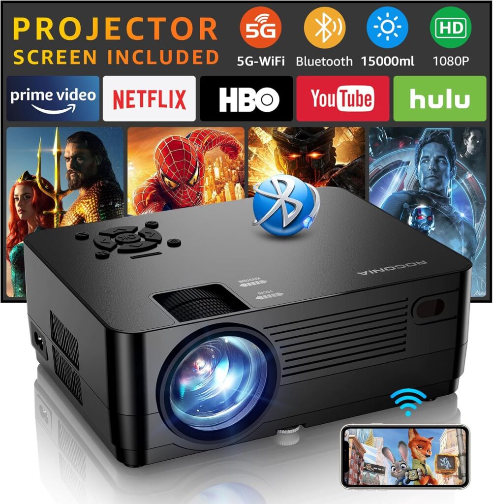 Projector with 5G WiFi and Bluetooth, Native 1080P Projector[Projector Screen Included], Full HD 18000LM Movie Projector, 100″ Display Home Theater, Compatible with Phone/Laptop/TV Stick
