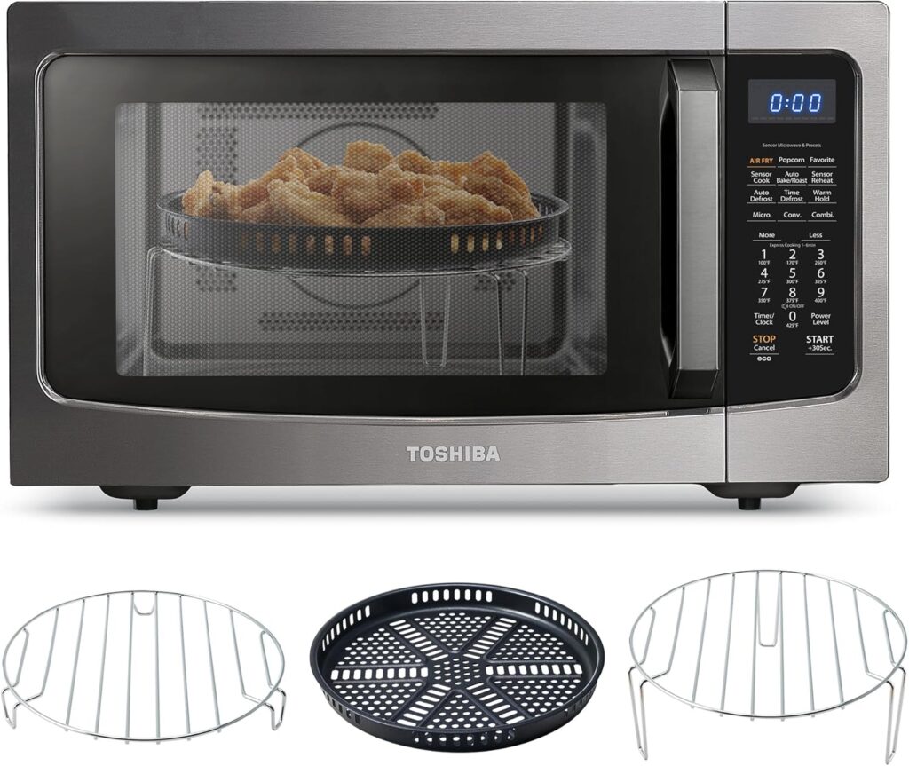 Toshiba Air Fryer Combo 4-in-1 Countertop Microwave Oven, Smart Sensor, Convection, Mute Function, Position Memory 13.6″ Turntable, 1.5 Cu Ft, 1000W, Black, ML-EC42P(BS)