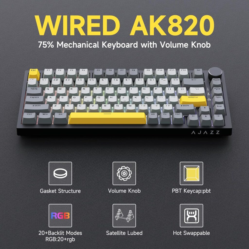 Ajazz AK820 75% Wired Gasket Mechanical Gaming Keyboard with Volume Knob – South Facing LED – PBT Keycaps – Programmable RGB Hot Swap Keyboard