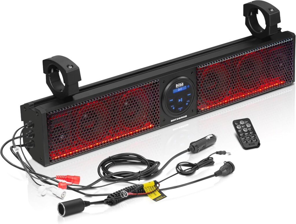 BOSS Audio Systems BRT26RGB ATV UTV Sound Bar – 26 Inches Wide, 4 inch Speakers, 1 Inch Tweeters, IPX5 Weatherproof, Bluetooth, Built-in Amplifier, Multicolor Illumination, Golf Cart Compatible