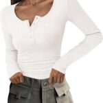 PRETTYGARDEN Women’s 2025 Fall Long Sleeve Henley T Shirts Button Ribbed Knit Slim Fit Basic Tops Blouse Casual Outfits