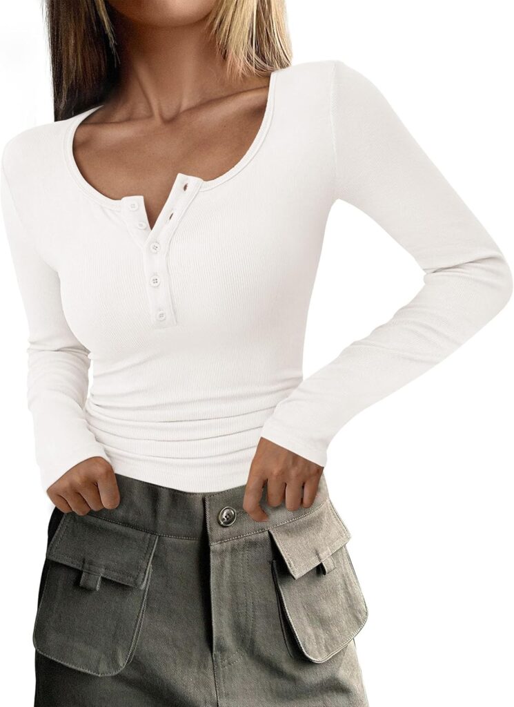 PRETTYGARDEN Women’s 2025 Fall Long Sleeve Henley T Shirts Button Ribbed Knit Slim Fit Basic Tops Blouse Casual Outfits