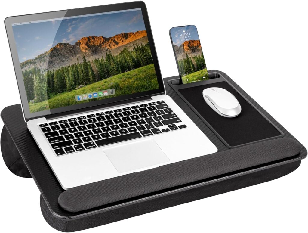 LAPGEAR Home Office Pro Lap Desk with Wrist Rest, Mouse Pad, and Phone Holder – Black Carbon – Fits up to 15.6 Inch Laptops – Style No. 91598