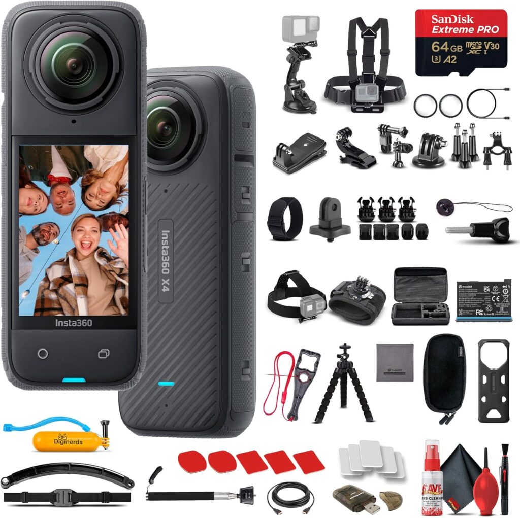 Insta360 X4 – Waterproof 360 8K Action Camera with 48MP Sensor, 5.7K 360 Video, 72MP 360 Photo, AI Editing for Content Creators, Sports, Travel, Outdoors + 50-in-1 Accessory Kit + 64GB Card + More