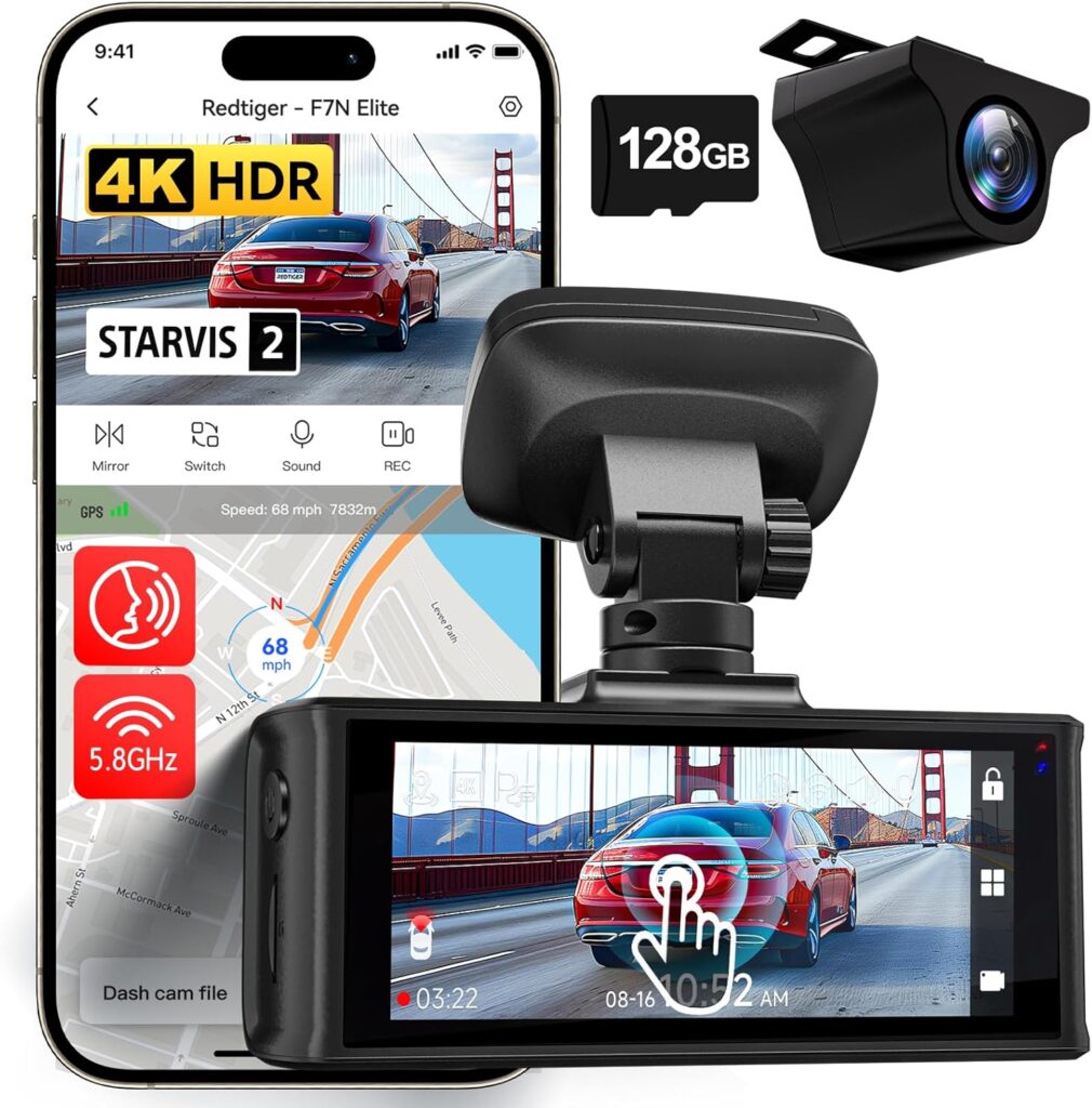 REDTIGER 4K HDR Dash Cam Front and Rear, STARVIS 2 Sensor, 5.8GHz WiFi APP, 3.18″ Touchscreen, Voice Control, 128G Card Included, WDR, Dash Camera for Cars with GPS, 24H Parking Mode(F7N Elite)