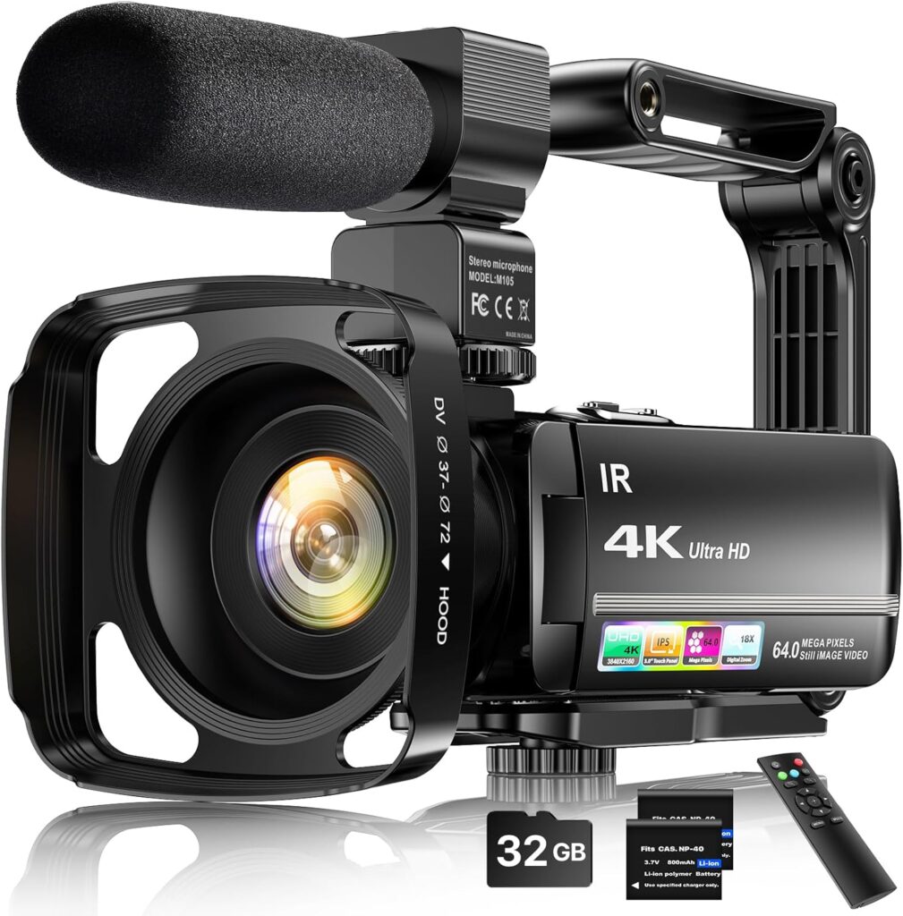 4K Video Camera Camcorder 64MP Vlogging Camera for YouTube 3.0″ Touch Screen 18X Digital Zoom IR Night Vision with External Stereo Microphone,Remote,Lens Hood,Handheld Stabilizer,32G Card &2 Batteries