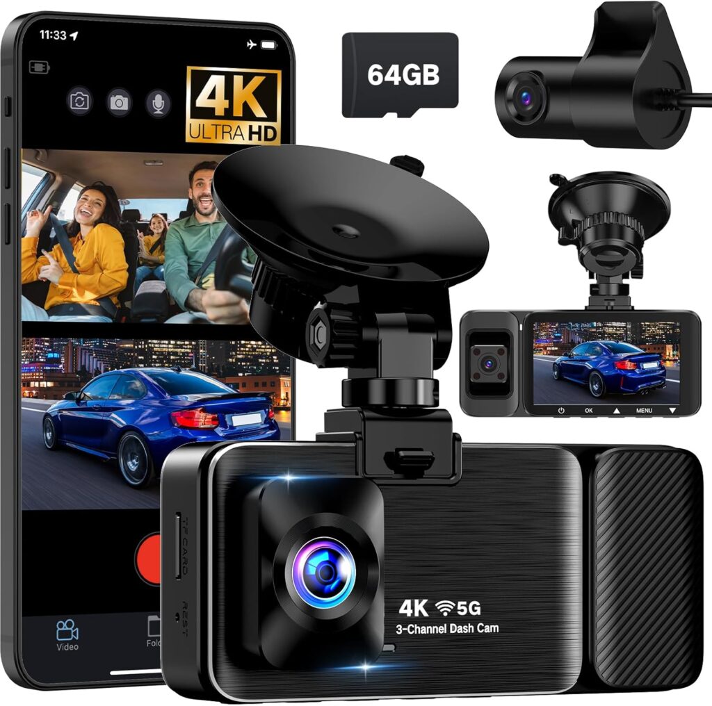 4K Dash Cam Front and Rear Inside, 3 Channel Dash Camera for Cars with 64GB SD Card, 5G WiFi Dash Cam, APP Control, Night Vision, 3″ IPS Screen, G-Sensor, Loop Recording, K02 Pro