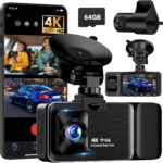 4K Dash Cam Front and Rear Inside, 3 Channel Dash Camera for Cars with 64GB SD Card, 5G WiFi Dash Cam, APP Control, Night Vision, 3″ IPS Screen, G-Sensor, Loop Recording, K02 Pro