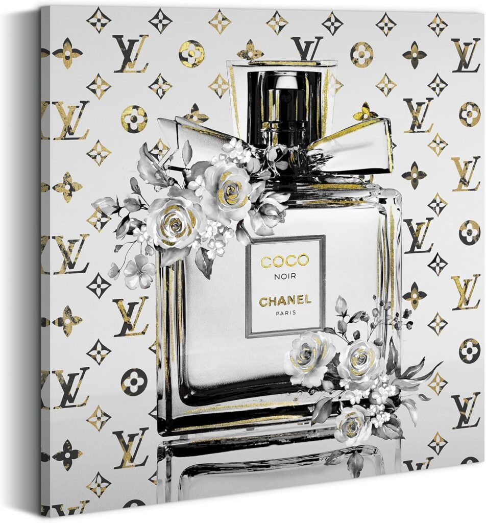 Chic Fashion Canvas Wall Art: Glam Perfume Bottle Picture with Textured Print Black White Modern Painting Ideal for Girl’s Room Bedroom Home Decor