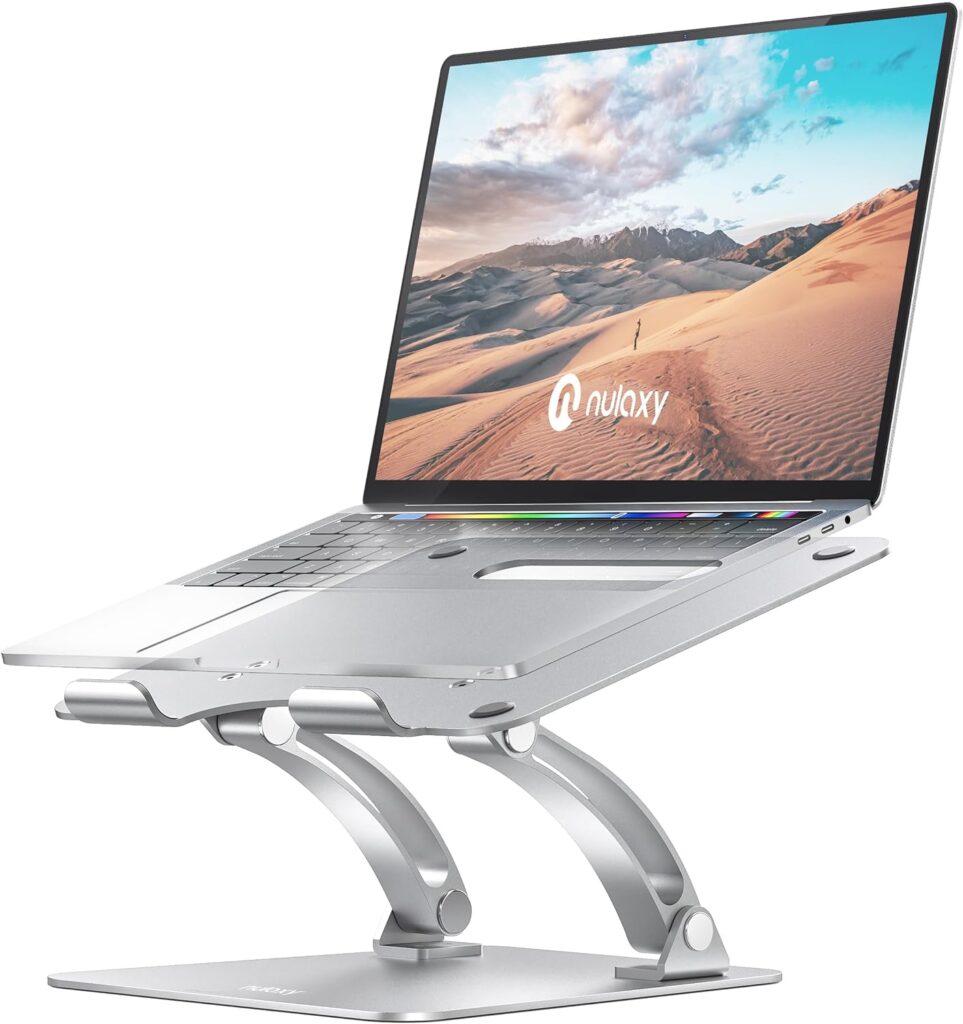 Nulaxy Fully Adjustable Laptop Stand for Desk, Dual Foldable Aluminum Computer Riser with Heat-Vent, Ergonomic Notebook Holder Portable Office Accessories Compatible with All 10-17″ Laptops, Silver