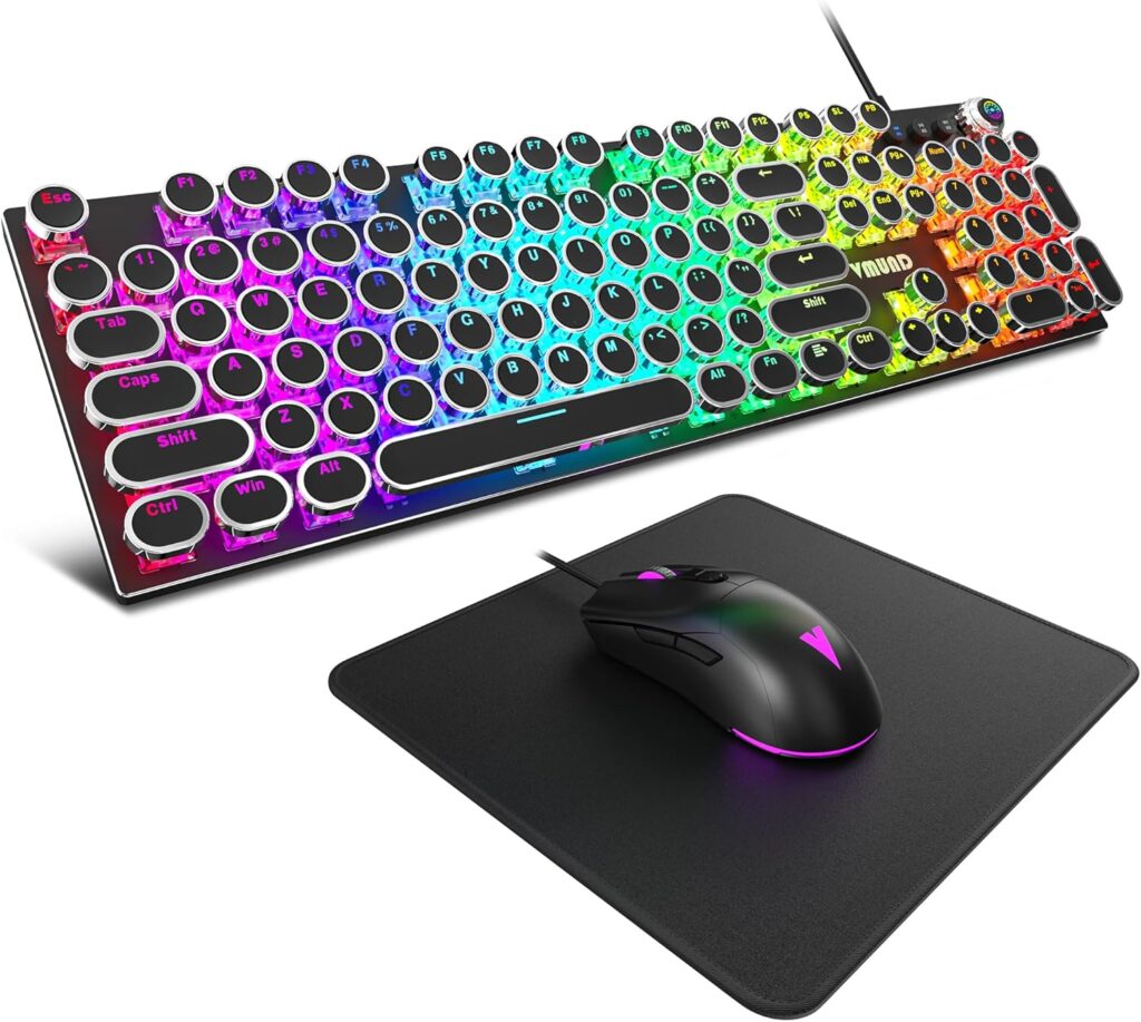Typewriter Mechanical Gaming Keyboard and Mouse Combo, Rainbow RGB Backlit Wired Keyboards with Blue Switches Round Keycaps Media Control Knob for PC Computer