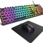 Typewriter Mechanical Gaming Keyboard and Mouse Combo, Rainbow RGB Backlit Wired Keyboards with Blue Switches Round Keycaps Media Control Knob for PC Computer