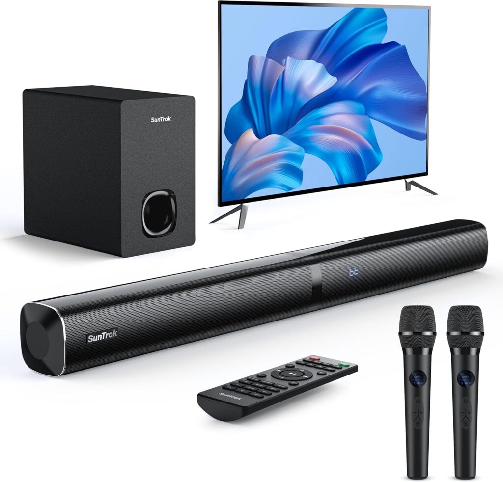 Karaoke Soundbar with Subwoofer for TV: Sound Bar with 2 Wireless Microphones – Home Theater Surround Sound System – Bluetooth Speaker with Remote Supports HDMI ARC/Optical/AUX/USB for TV/PC