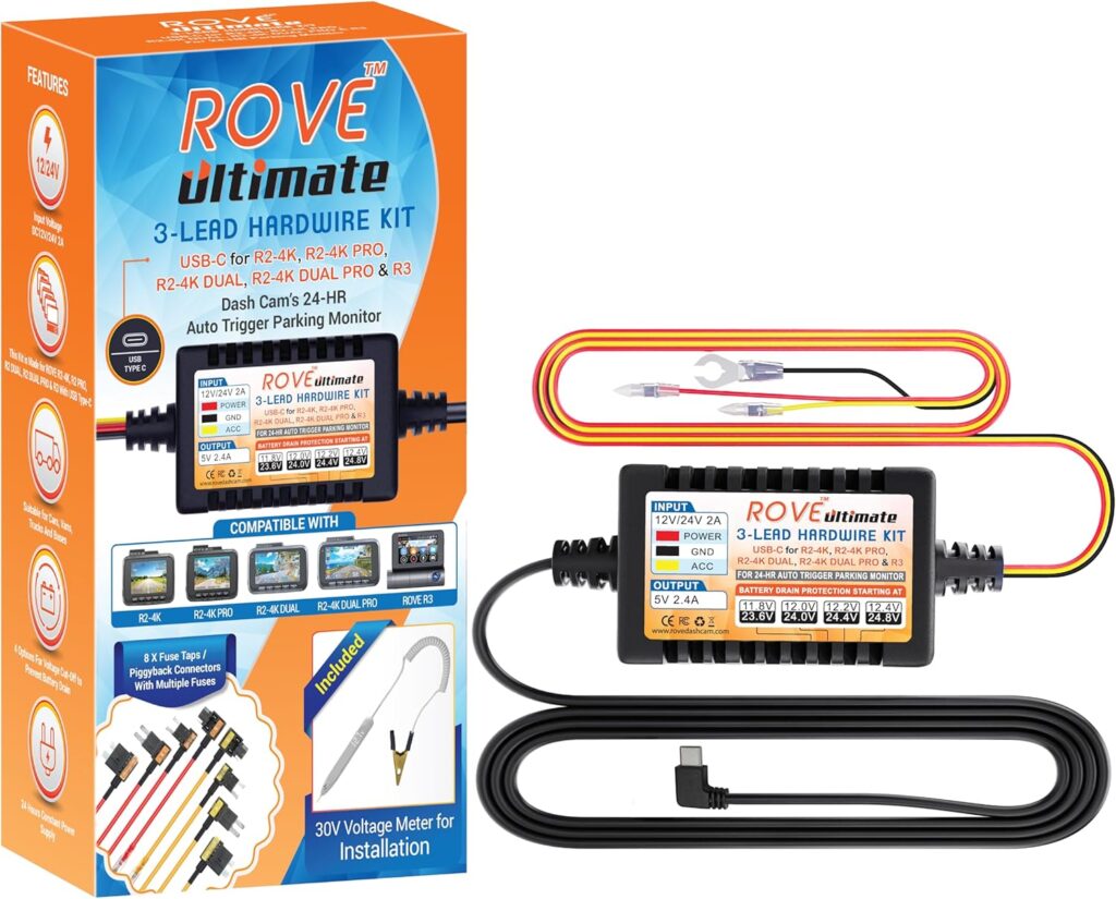 ROVE Ultimate Dash Cam Hardwire Kit with USB-C Port for R2-4K, R2-4K PRO, R2-4K Dual, R2-4K Dual PRO, and R3 Dash Camera Models, 24Hr Parking Monitoring Kit with Low Voltage Protection