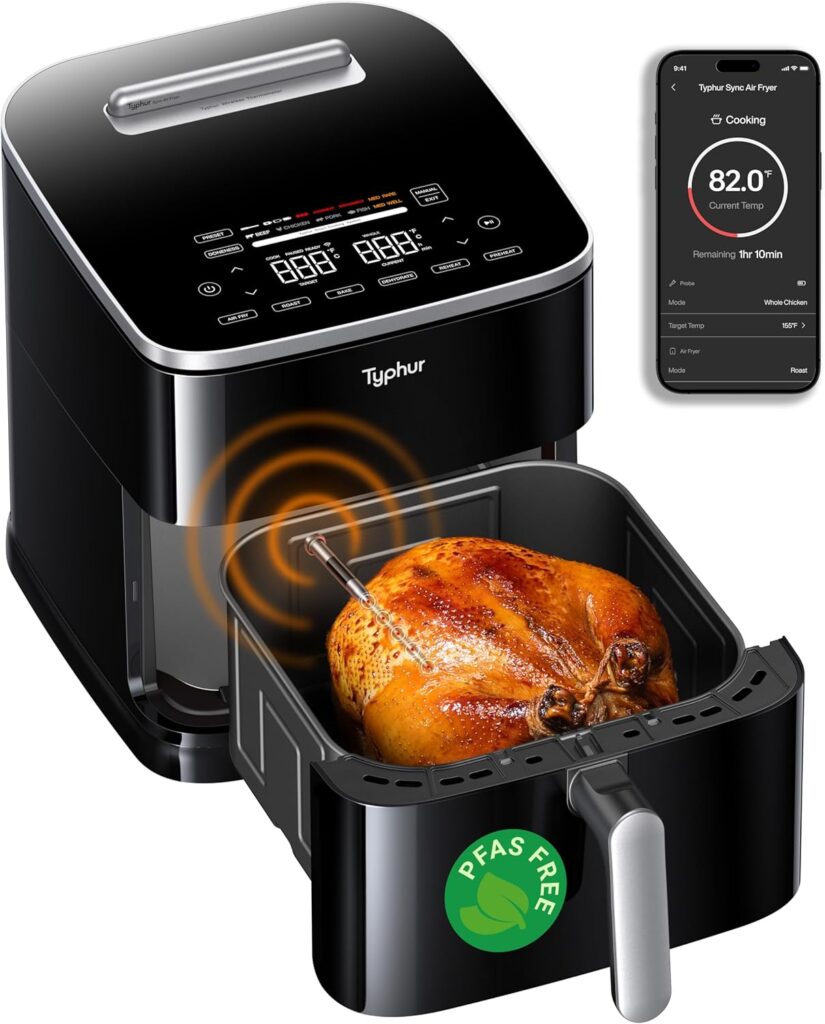 Typhur 8QT Sync Air Fryer with Built-in Wireless Meat Thermometer, 9-in-1 Smart Airfryer with Ceramic Nonstick Basket for Quick Easy Meals, 450°F Max, Cooks 6lb Whole Chicken, Dishwasher Safe, 120V