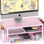 Desk Organizers and Accessories, 2-Tier Computer Monitor Stand Riser with Drawer and 2 Pen Holders, Laptop Stand, Office Desk Accessories for Office Supplies, Pink