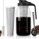 Cold Brew Coffee Maker – 64 oz Wide Mouth Mason Jar Pitcher with Stainless Steel Filter, Coffee Scoop, and Cleaning Brush -Glass Pitcher for Iced Coffee, Tea – Includes Pour Spout Handle Lid